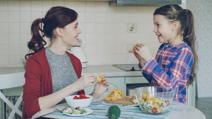 A parent and child preparing food together in a warm home setting